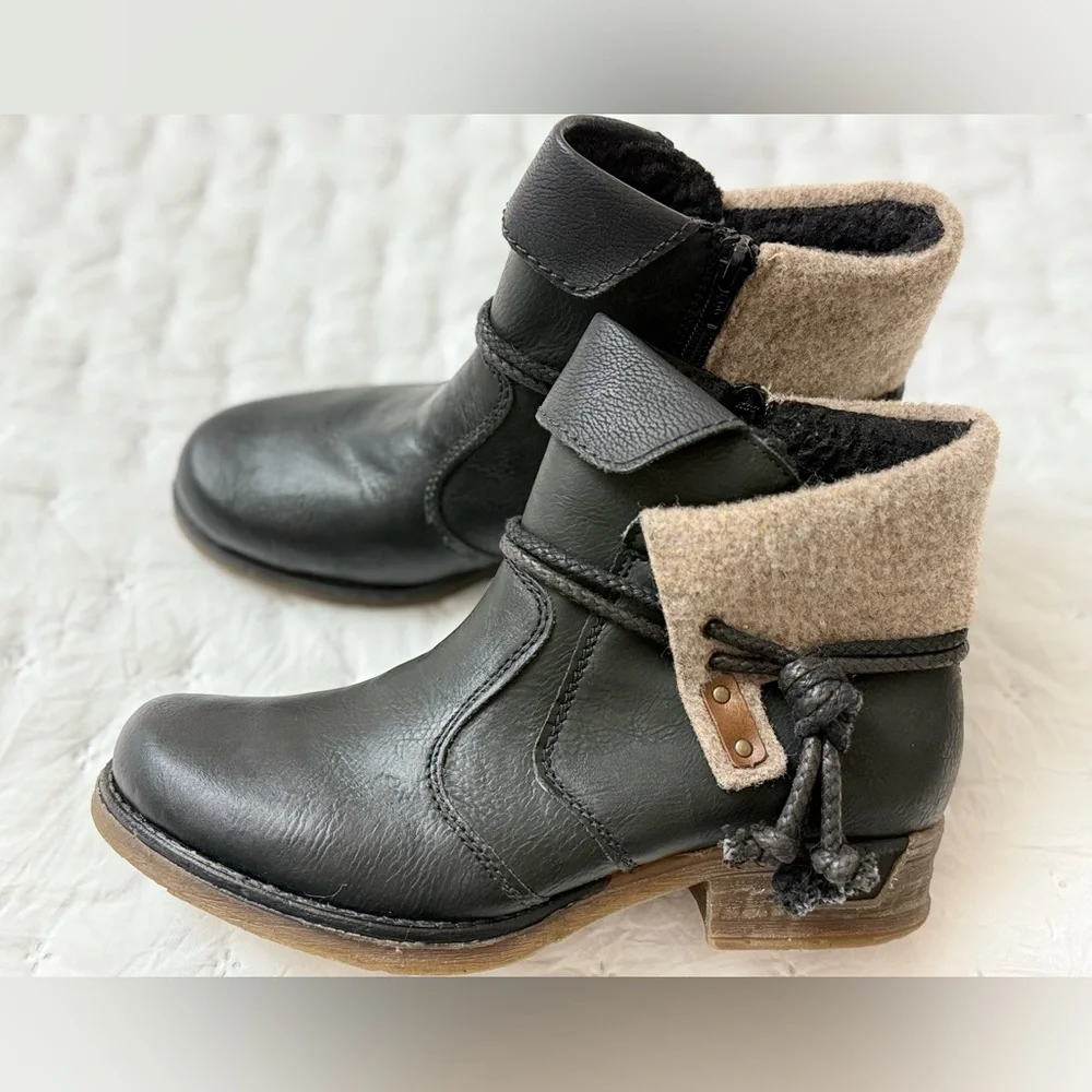 Rieker Fee 93 Black Faux Leather Ankle Boots Booties Women Size 38/7-7.5 Tassels